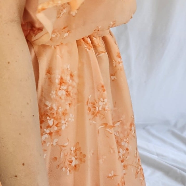 70s Coral Pink Flowy Floral Midi Dress