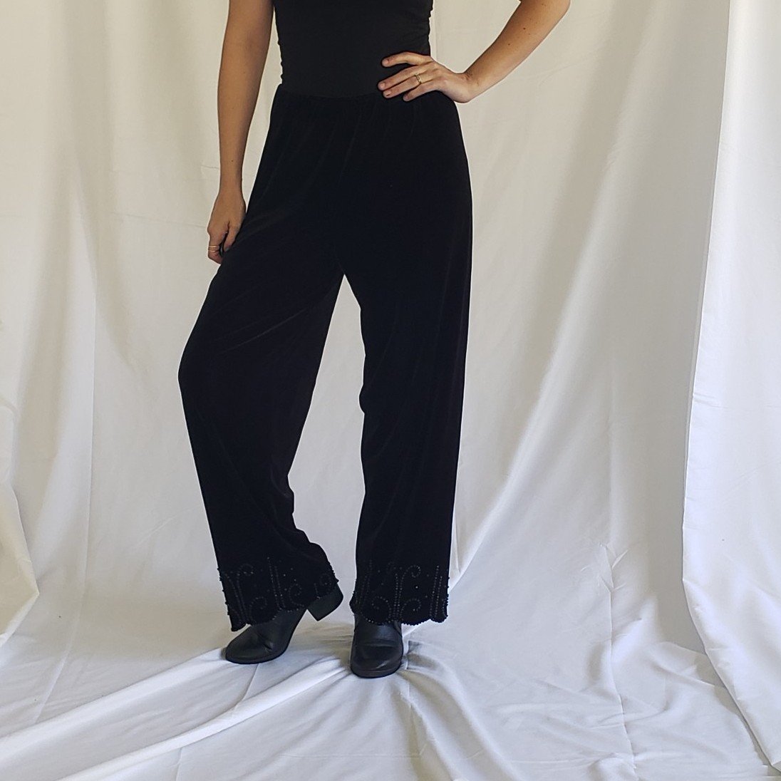 90s Black Velvet Pants with Beaded Cuffs