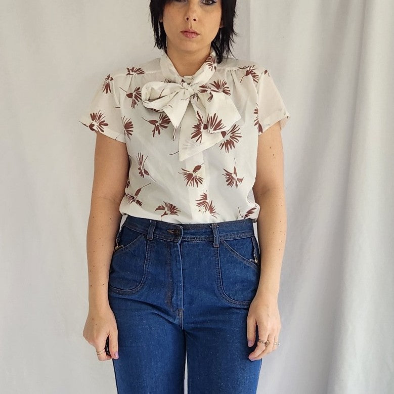 70s/80s White and Brown Blouse with Bow