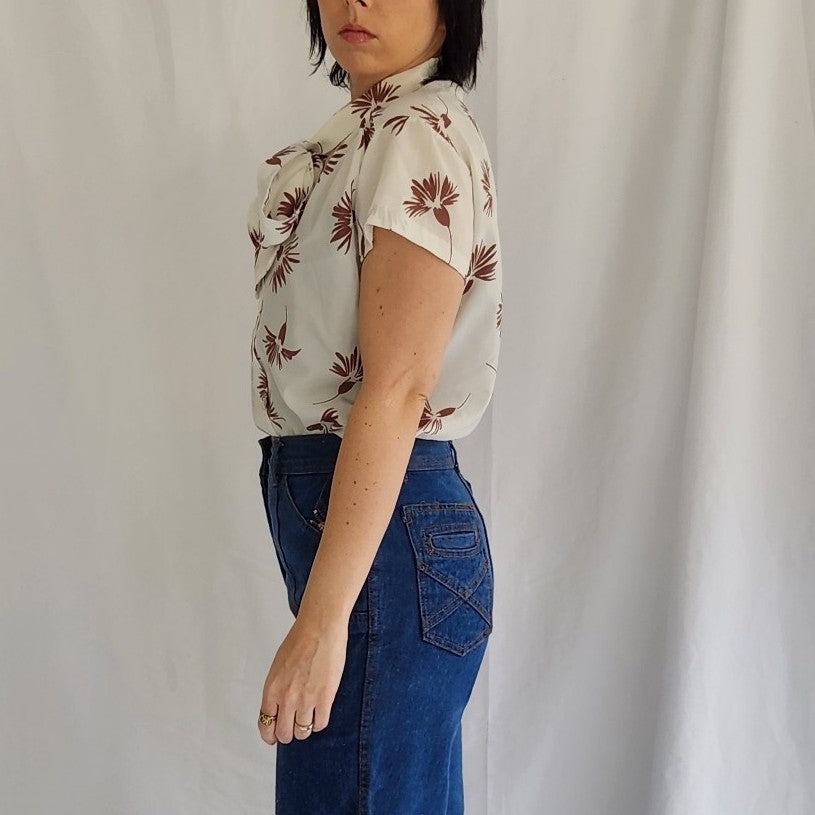 70s/80s White and Brown Blouse with Bow