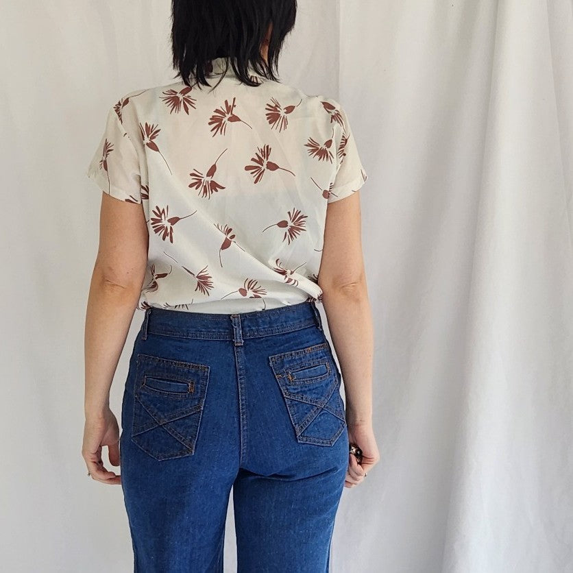70s/80s White and Brown Blouse with Bow