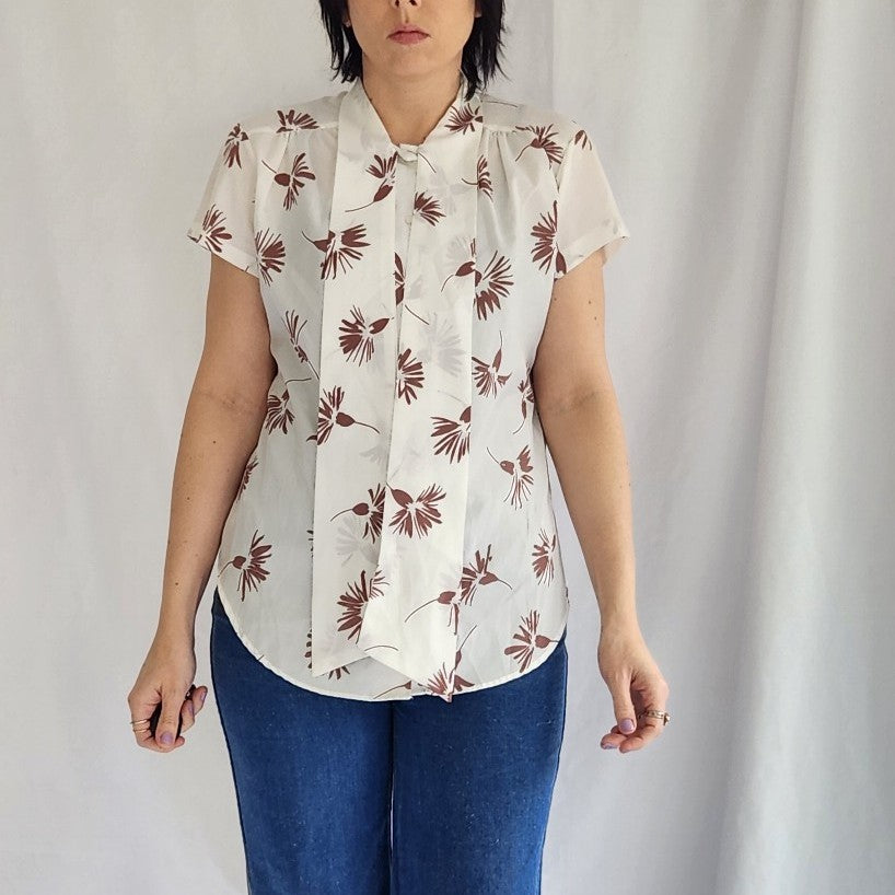 70s/80s White and Brown Blouse with Bow