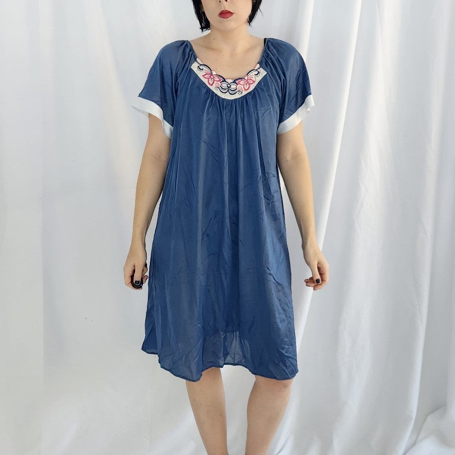 80s Blue and Pink Nylon Nightgown