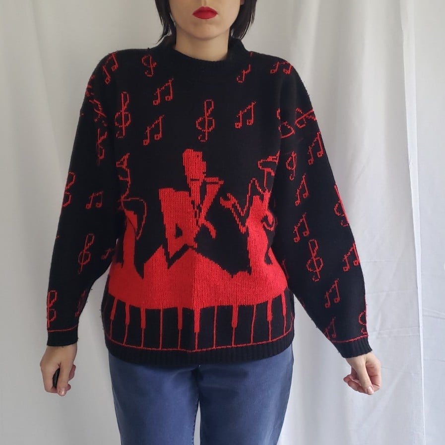 80s Black and Red Music Theme Sweater