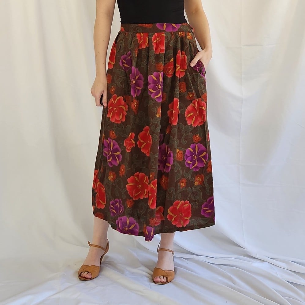 90s Brown, Purple, and Red Rayon Midi Skirt