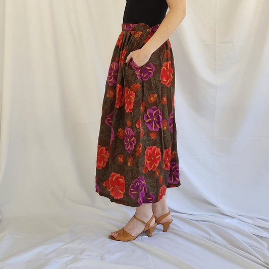 90s Brown, Purple, and Red Rayon Midi Skirt