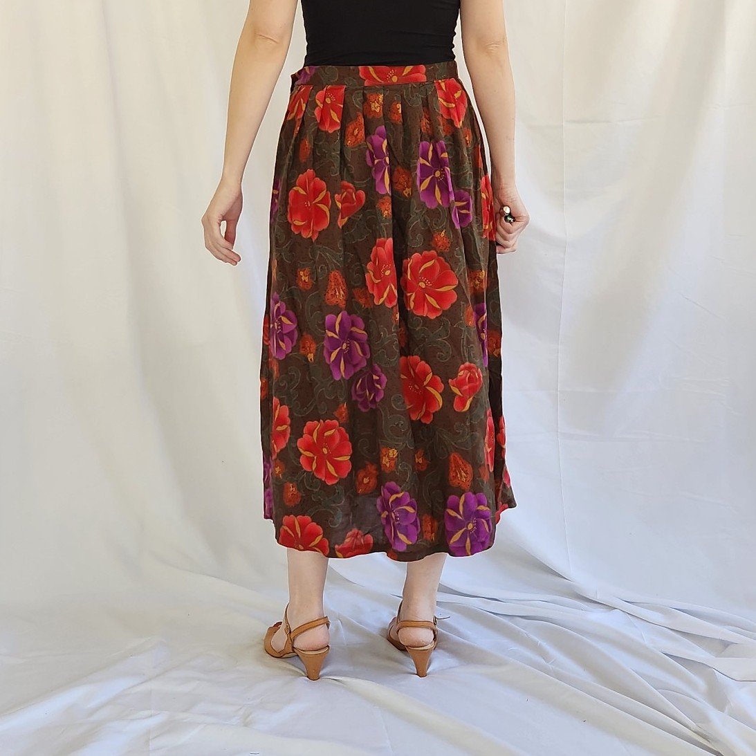 90s Brown, Purple, and Red Rayon Midi Skirt