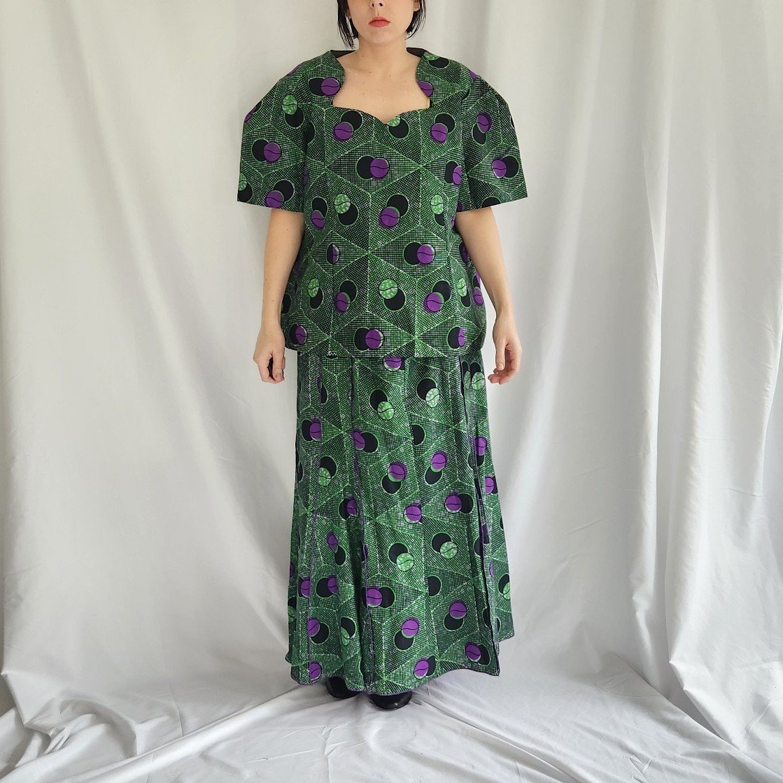 Vintage Green and Purple Geometric Hand Made Skirt Set