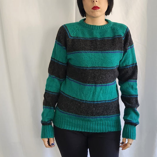 80s Teal and Black Stripe Wool Sweater