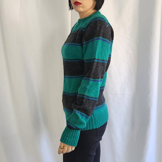 80s Teal and Black Stripe Wool Sweater