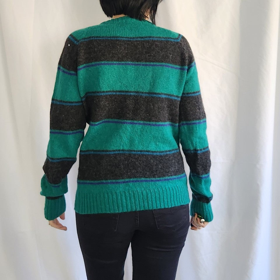 80s Teal and Black Stripe Wool Sweater