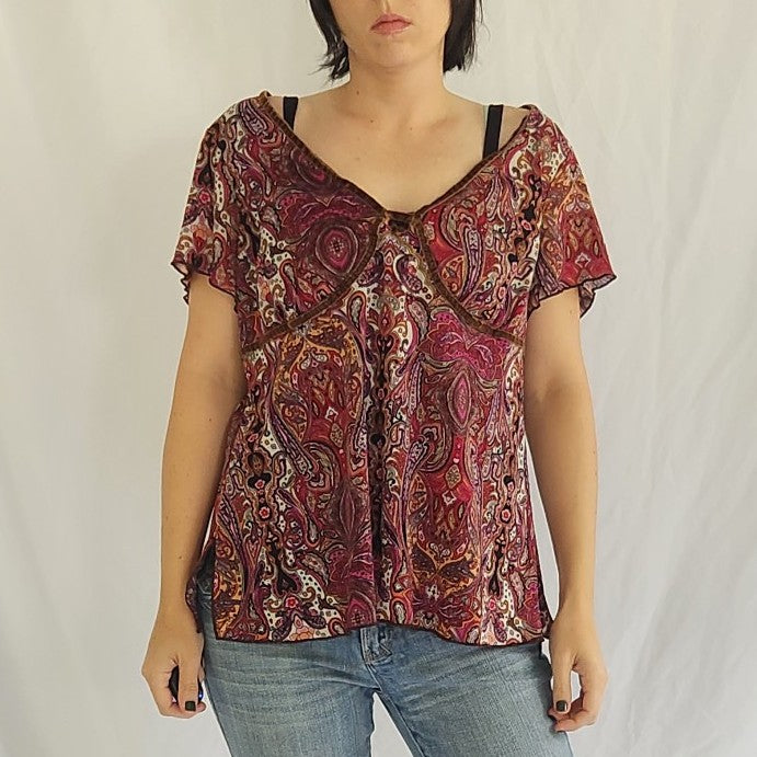 Y2K Pink and Brown Paisley Boho Top