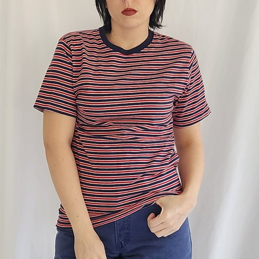 90s/00s 100% Cotton Red and Navy Striped Tee