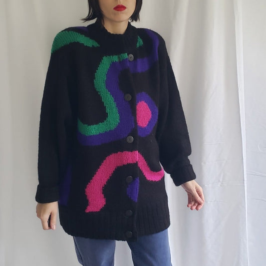 80s Black, Pink, Purple and Green Oversize Cardigan