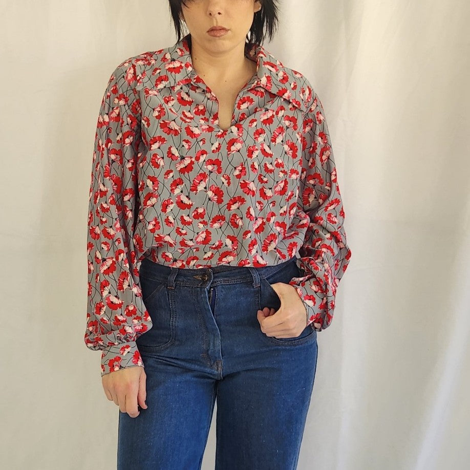 70s Home Made Gray and Red Floral Blouse