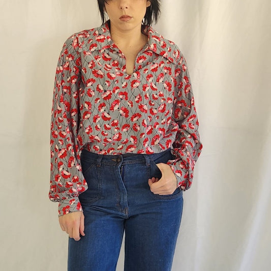 70s Home Made Gray and Red Floral Blouse