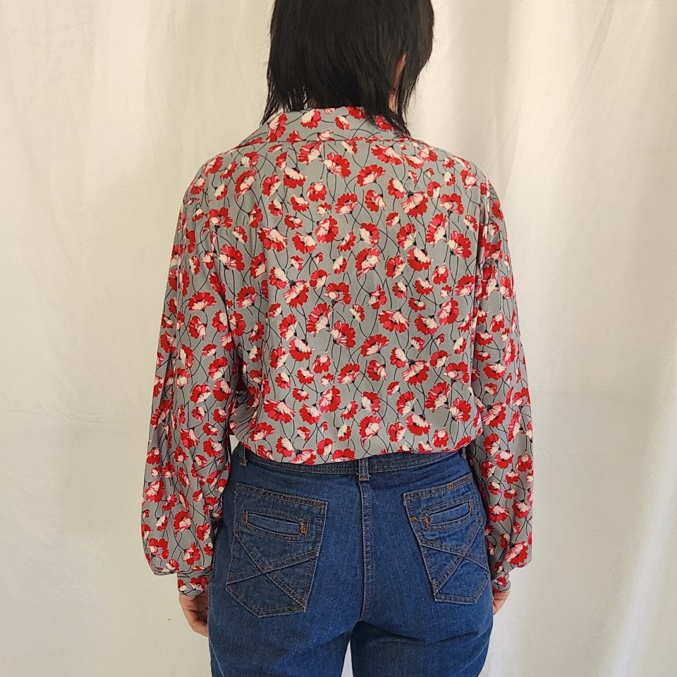 70s Home Made Gray and Red Floral Blouse