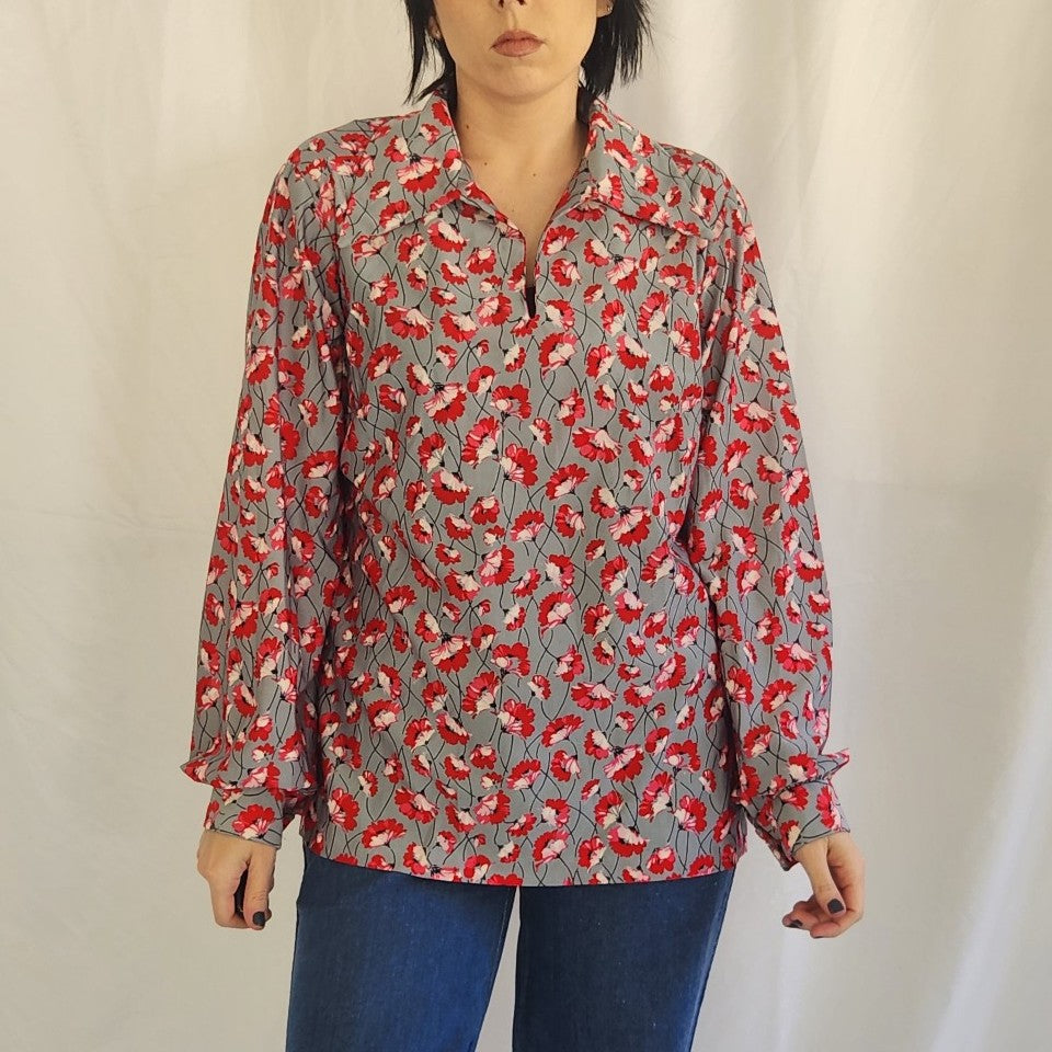 70s Home Made Gray and Red Floral Blouse