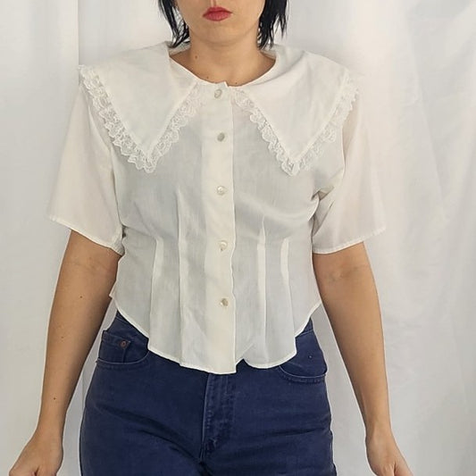 80s White Blouse with Lacy Collar