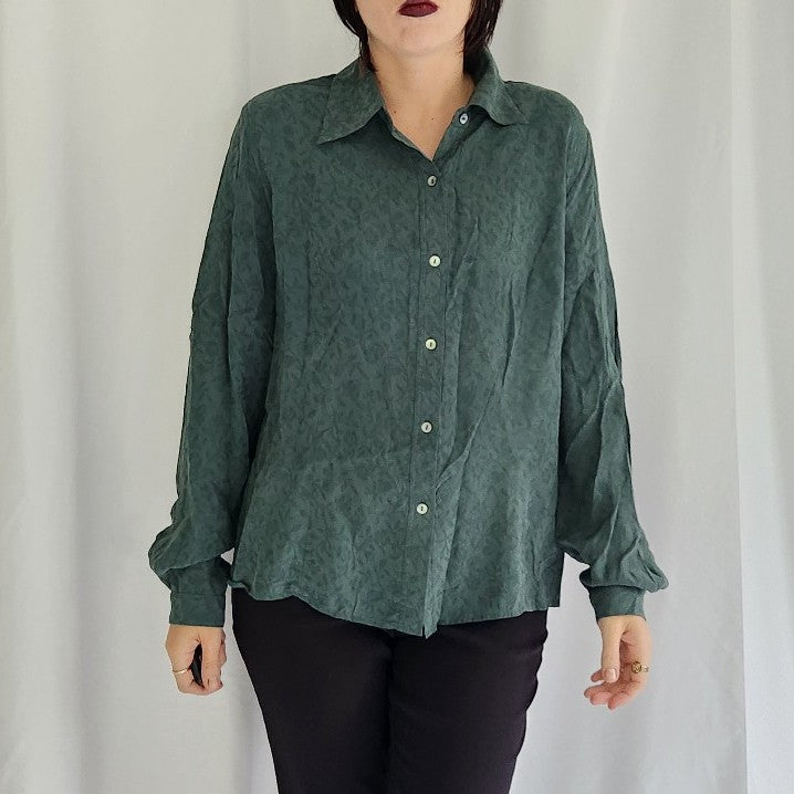 90s Leaf Print Green Silk Button Down Shirt
