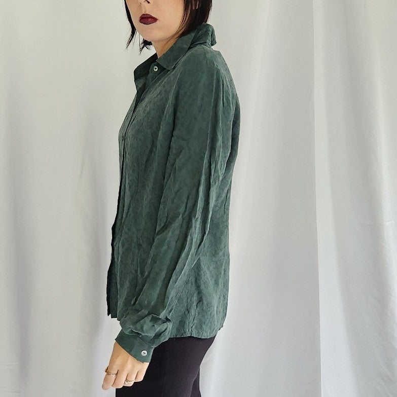 90s Leaf Print Green Silk Button Down Shirt