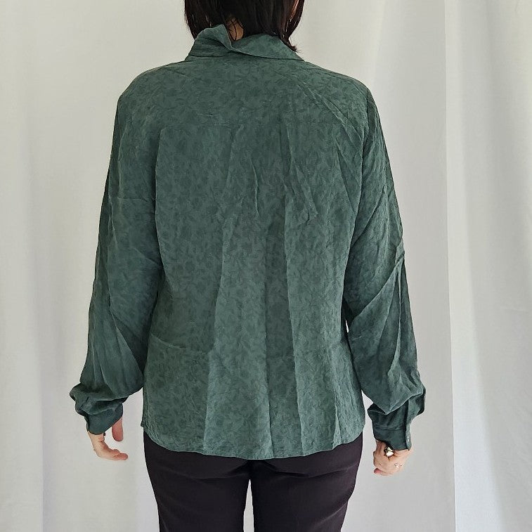 90s Leaf Print Green Silk Button Down Shirt