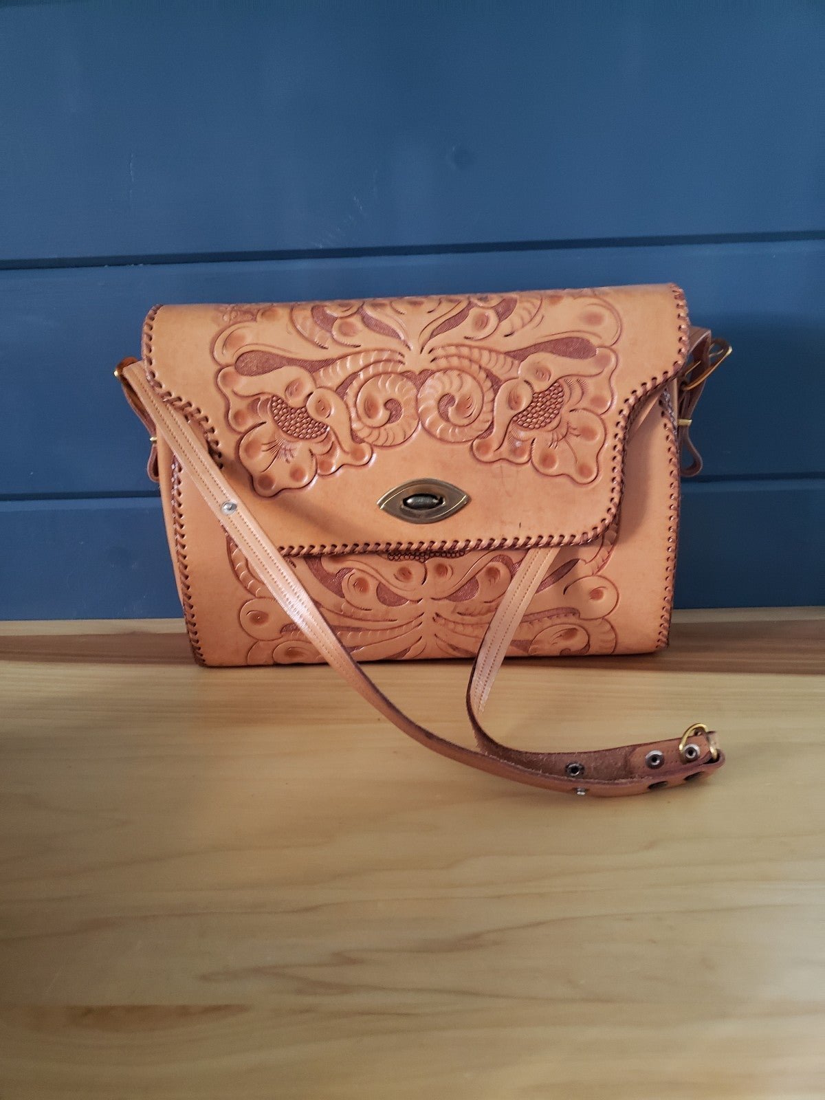 Vintage Hand Tooled Leather Shoulder Bag