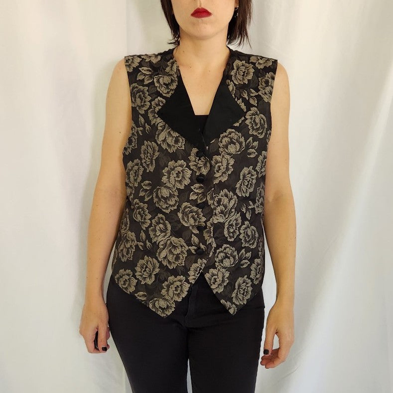 90s Black and Silver Floral Print Vest