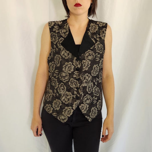 90s Black and Silver Floral Print Vest