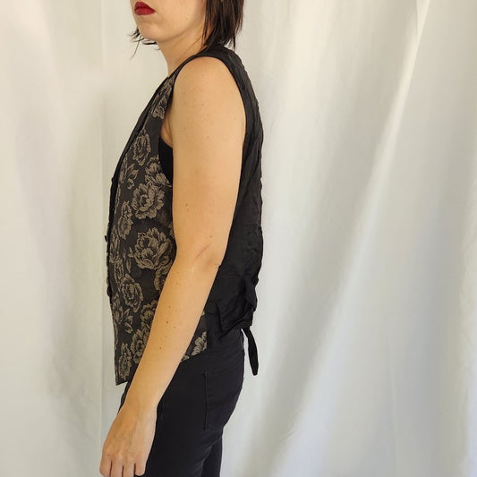 90s Black and Silver Floral Print Vest