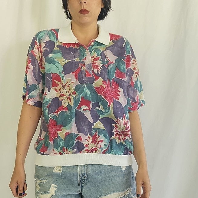 80s/90s Pink and Purple Floral Collared Shirt