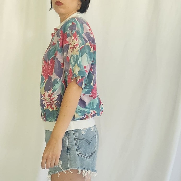 80s/90s Pink and Purple Floral Collared Shirt