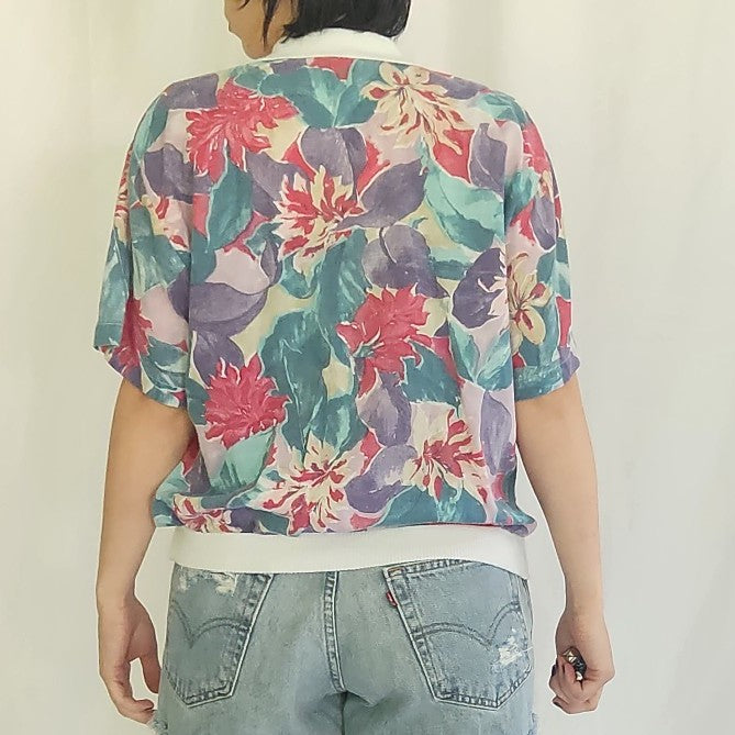 80s/90s Pink and Purple Floral Collared Shirt