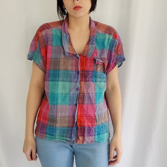 80s Pink, Green, and Purple Plaid Button Down