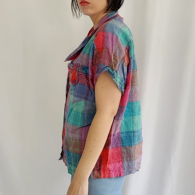 80s Pink, Green, and Purple Plaid Button Down