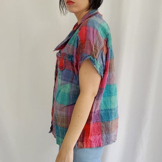 80s Pink, Green, and Purple Plaid Button Down