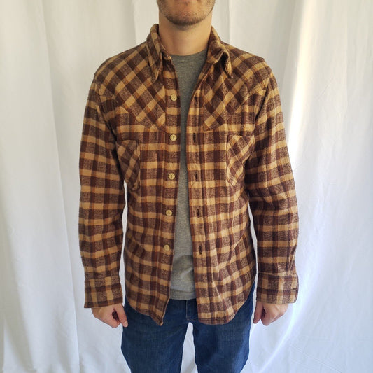 Vintage Hand Made Brown Plaid Heavy Flannel