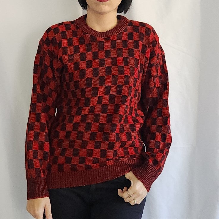 80s Red and Black Checked Sweater