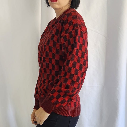 80s Red and Black Checked Sweater
