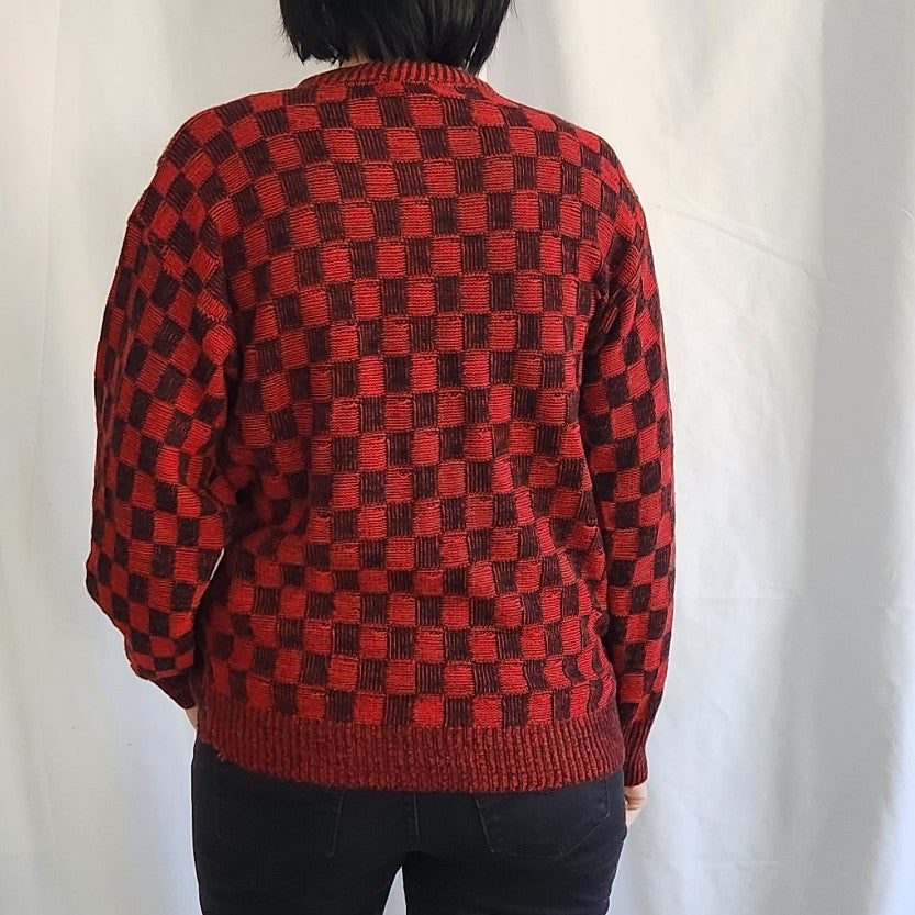 80s Red and Black Checked Sweater