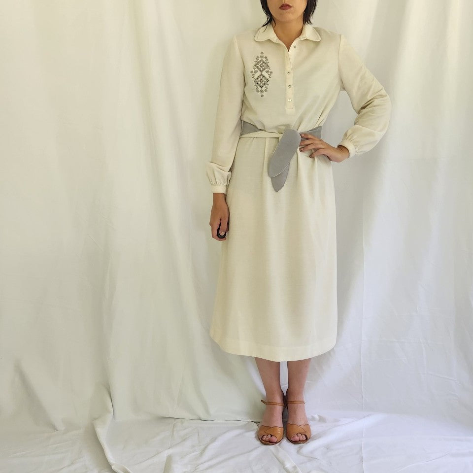 70s Ivory and Silver Long Sleeve Dress