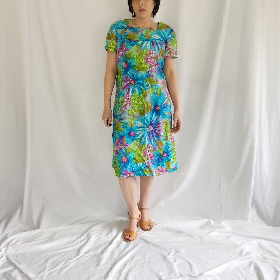 60s/70s Hand Made Blue, Green, and Purple Tropical Floral Dress