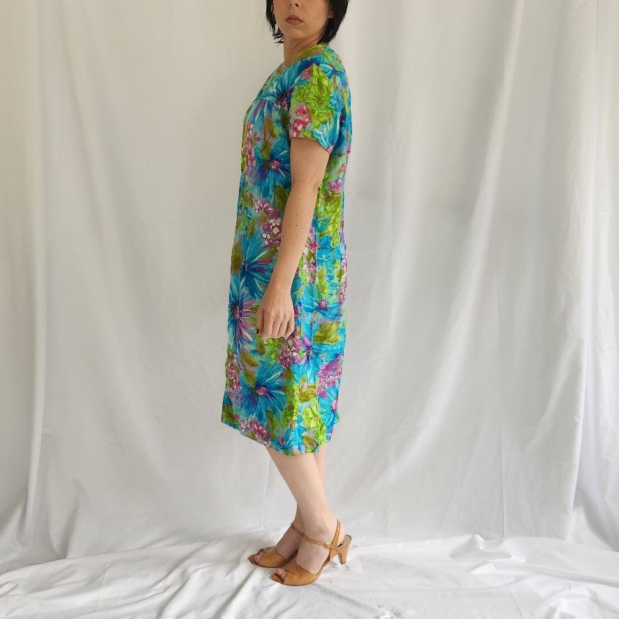 60s/70s Hand Made Blue, Green, and Purple Tropical Floral Dress
