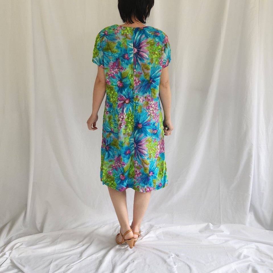 60s/70s Hand Made Blue, Green, and Purple Tropical Floral Dress