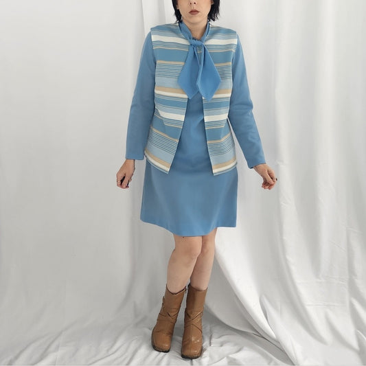 70s Blue Double Knit Polyester Dress with Vest Set