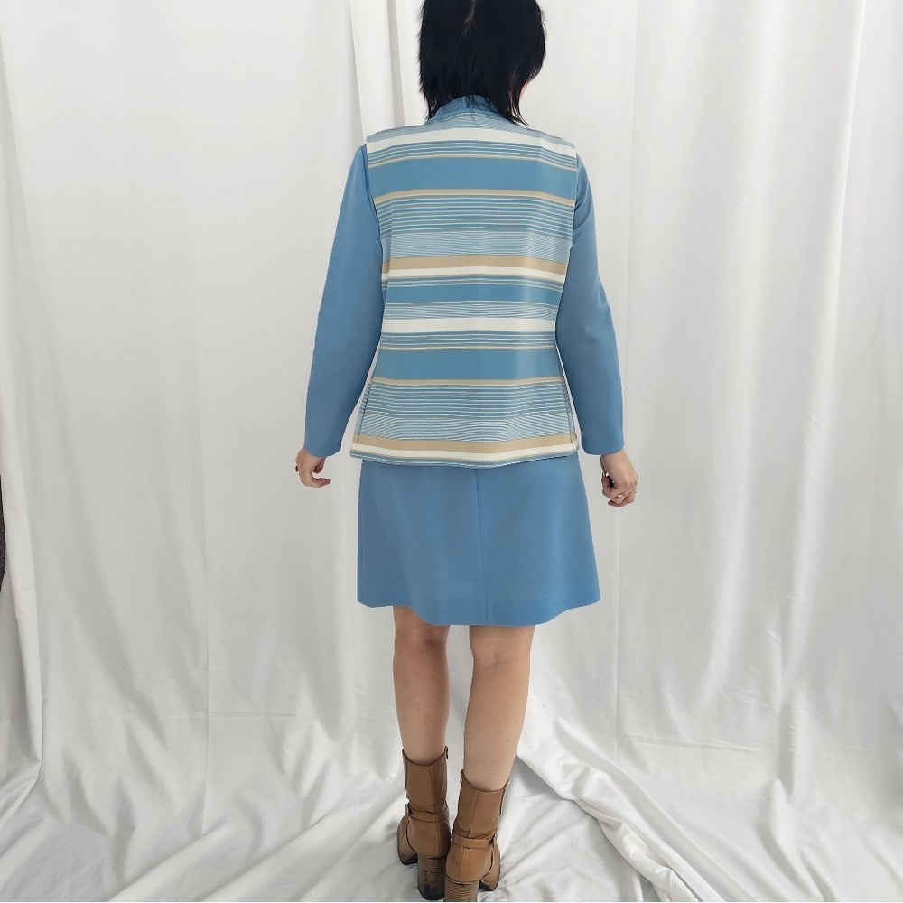 70s Blue Double Knit Polyester Dress with Vest Set