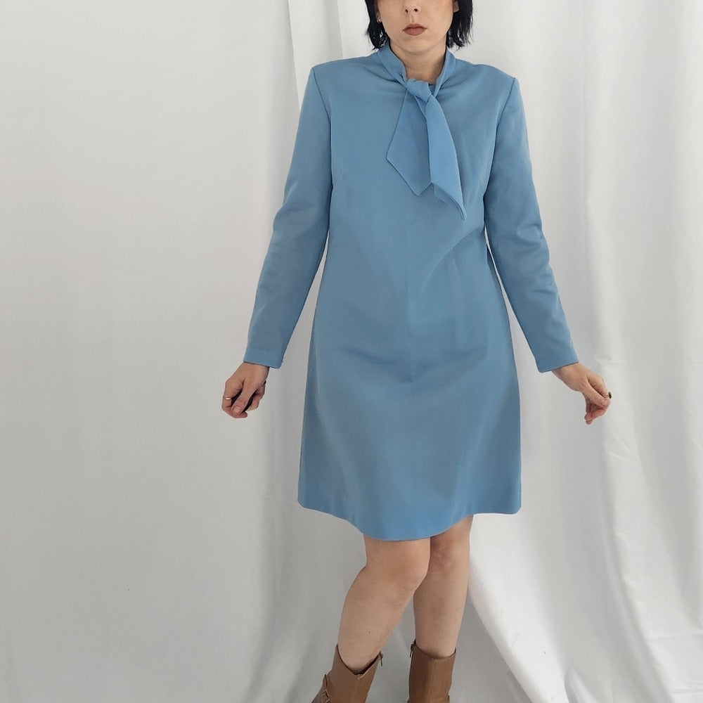 70s Blue Double Knit Polyester Dress with Vest Set