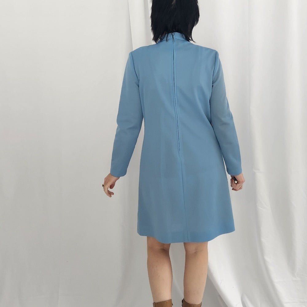 70s Blue Double Knit Polyester Dress with Vest Set
