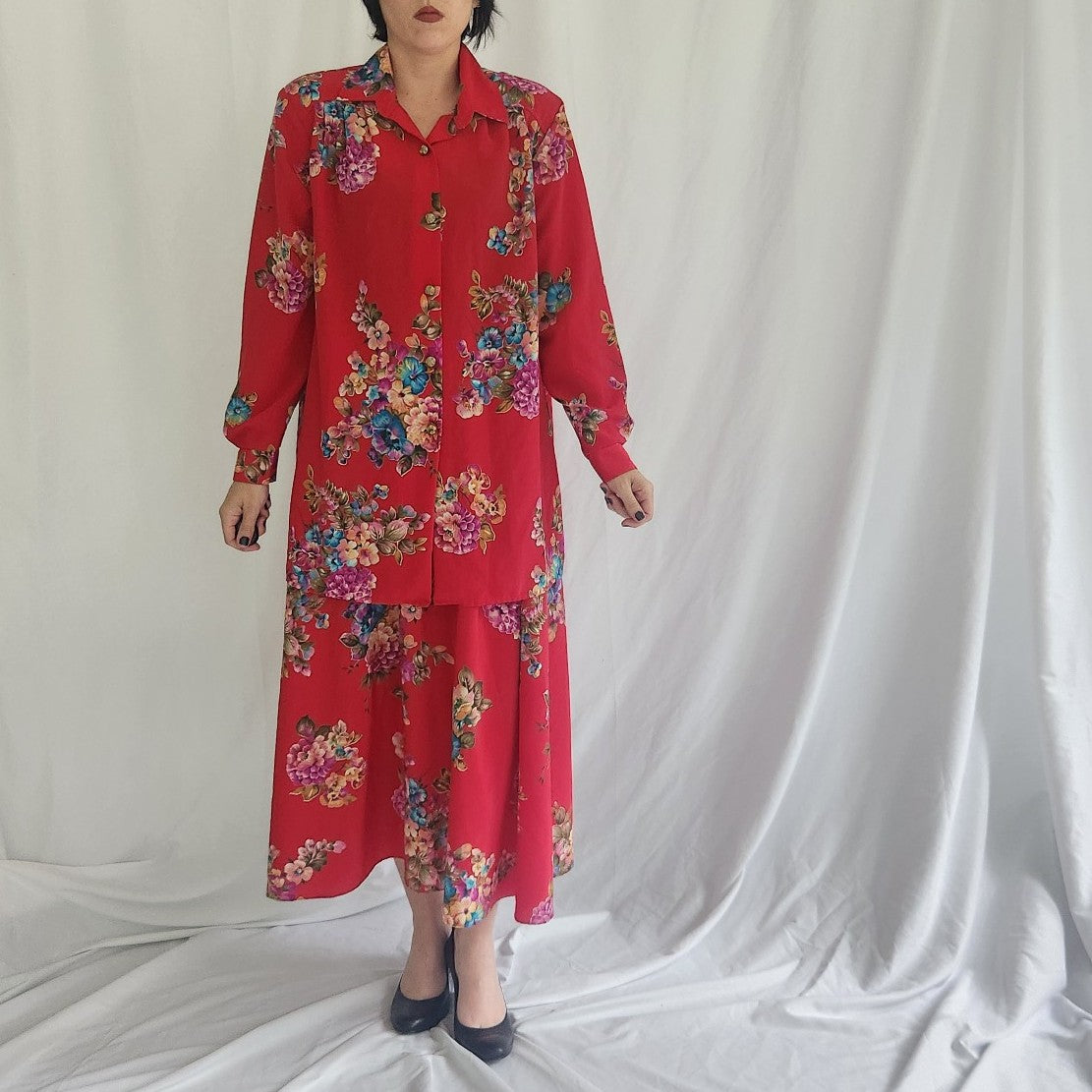 90s/00s Red Floral Top and Skirt Set