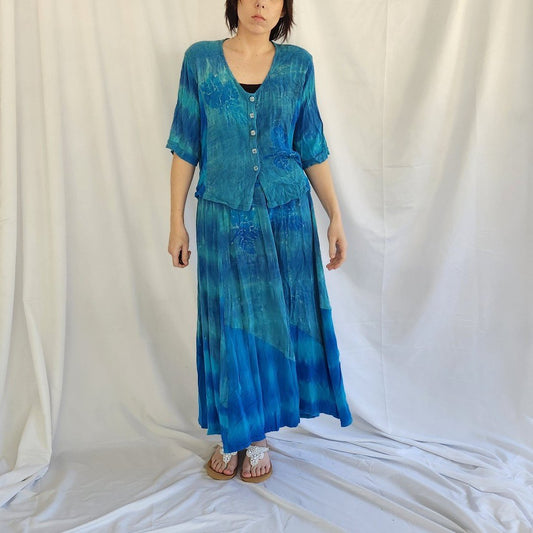 90s Blue Rayon Skirt Set